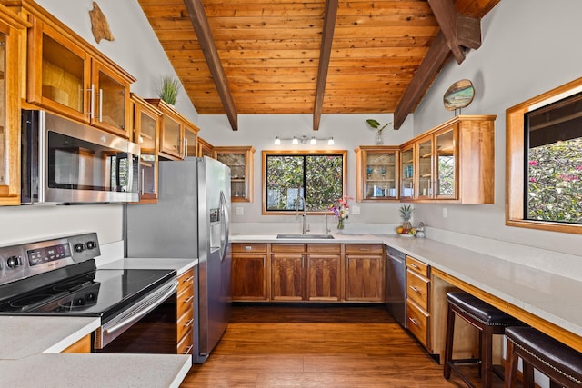 kitchen with appliances with stainless steel finishes, a sink, wooden ceiling, dark wood-style floors, and brown cabinets