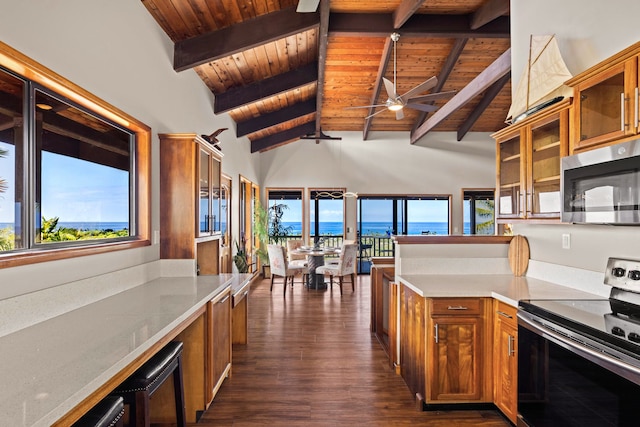 kitchen featuring stainless steel appliances, wooden ceiling, brown cabinetry, ceiling fan, and healthy amount of natural light