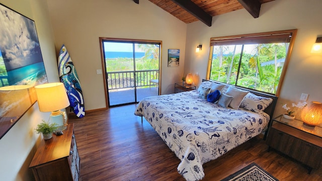 bedroom featuring access to outside, dark wood-style floors, wood ceiling, and baseboards