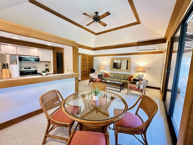 2253 Poipu Rd Unit 446, Koloa, HI 96756 - dining area with a wall mounted AC, light carpet, ceiling fan, and baseboards