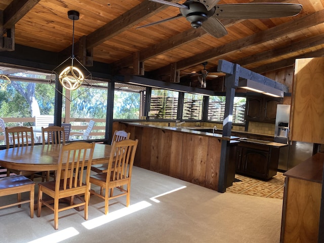 68-1753 Laie Pl, Waikoloa, HI 96738 - dining room with wood ceiling, beamed ceiling, a ceiling fan, and light colored carpet