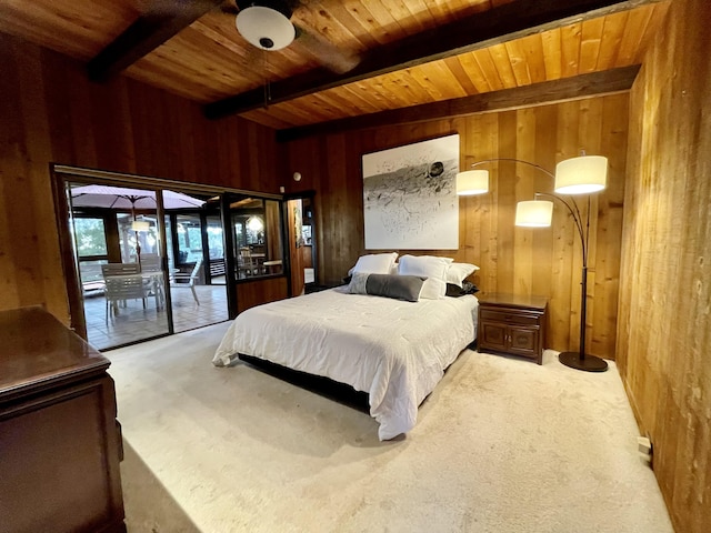68-1753 Laie Pl, Waikoloa, HI 96738 - carpeted bedroom with wood walls, access to exterior, beam ceiling, and wooden ceiling