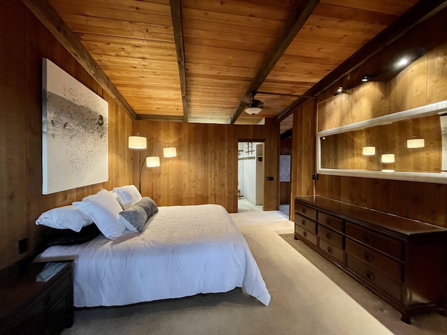 68-1753 Laie Pl, Waikoloa, HI 96738 - bedroom featuring wooden ceiling, wood walls, carpet flooring, and beam ceiling