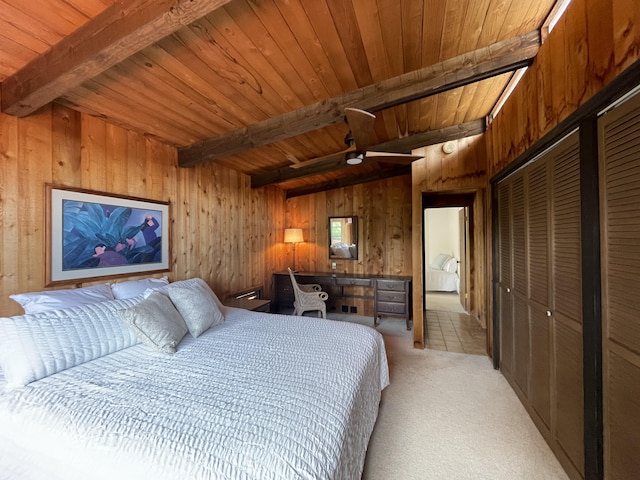 68-1753 Laie Pl, Waikoloa, HI 96738 - bedroom with beamed ceiling, wood walls, wooden ceiling, and light colored carpet