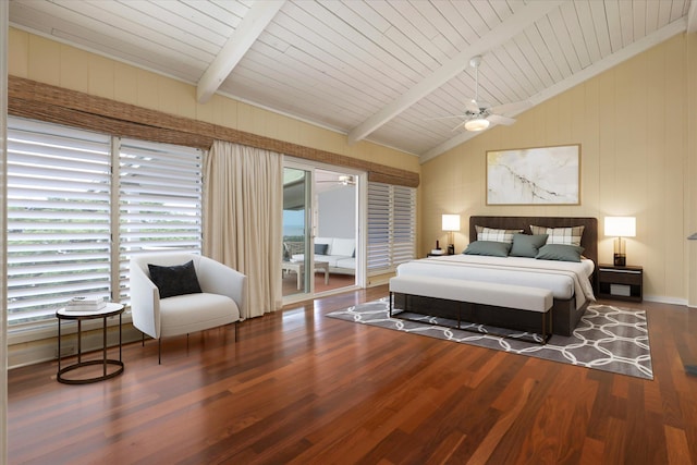 77-6486 Walua Rd, Kailua-Kona, HI 96740 - bedroom with wood finished floors, access to exterior, wooden ceiling, ceiling fan, and wood walls
