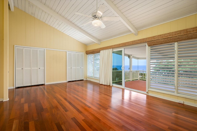 77-6486 Walua Rd, Kailua-Kona, HI 96740 - unfurnished bedroom featuring access to exterior, wood finished floors, ceiling fan, wooden walls, and a water view
