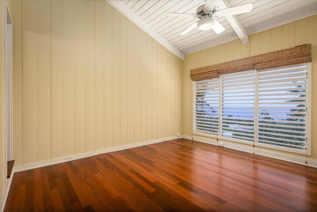 77-6486 Walua Rd, Kailua-Kona, HI 96740 - empty room featuring dark wood finished floors, wood ceiling with exposed beams, ceiling fan, wooden walls, and baseboards