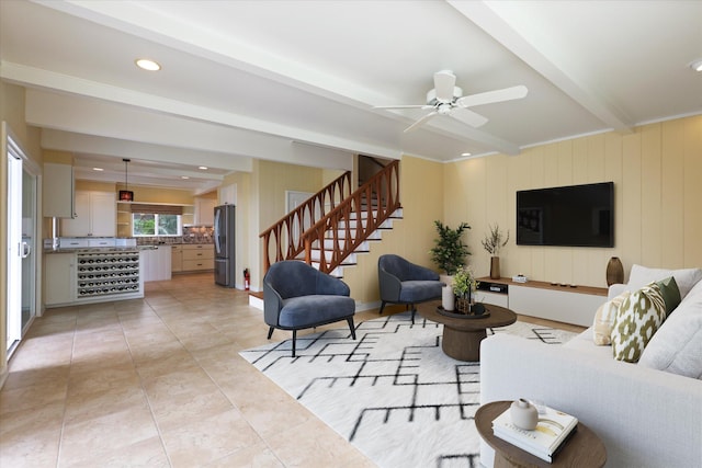 77-6486 Walua Rd, Kailua-Kona, HI 96740 - living room featuring beam ceiling, stairway, light tile patterned floors, a ceiling fan, and recessed lighting