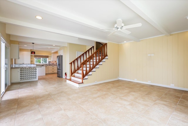 77-6486 Walua Rd, Kailua-Kona, HI 96740 - unfurnished living room with beamed ceiling, stairway, a ceiling fan, light tile patterned floors, and recessed lighting