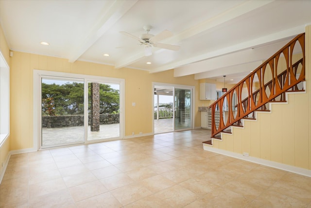 77-6486 Walua Rd, Kailua-Kona, HI 96740 - spare room featuring beam ceiling, ceiling fan, stairs, baseboards, and light tile patterned floors