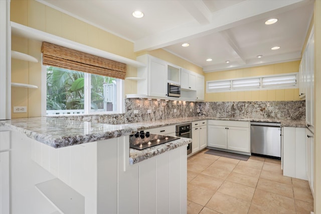 77-6486 Walua Rd, Kailua-Kona, HI 96740 - kitchen featuring open shelves, appliances with stainless steel finishes, a sink, decorative backsplash, and recessed lighting