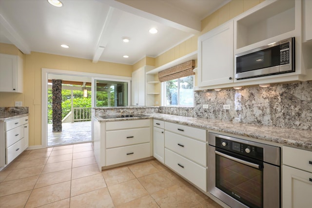 77-6486 Walua Rd, Kailua-Kona, HI 96740 - kitchen featuring appliances with stainless steel finishes, open shelves, decorative backsplash, white cabinetry, and beamed ceiling