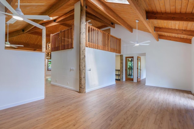 5-1105 Kuhio Hwy Unit 5, Kilauea, HI 96754 - unfurnished living room with a ceiling fan, wood ceiling, beamed ceiling, plenty of natural light, and wood finished floors
