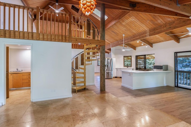 5-1105 Kuhio Hwy Unit 5, Kilauea, HI 96754 - kitchen with appliances with stainless steel finishes, a ceiling fan, high vaulted ceiling, a sink, and wood ceiling