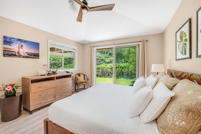68-1122-N Kaniku Dr Unit 501591, Kamuela, HI 96743 - bedroom featuring vaulted ceiling, light wood-style flooring, access to outside, and a ceiling fan