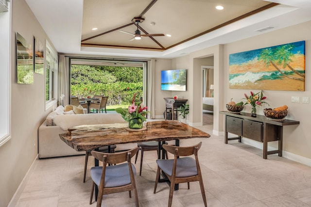 68-1122-N Kaniku Dr Unit 501591, Kamuela, HI 96743 - dining area with a raised ceiling, baseboards, ceiling fan, and recessed lighting