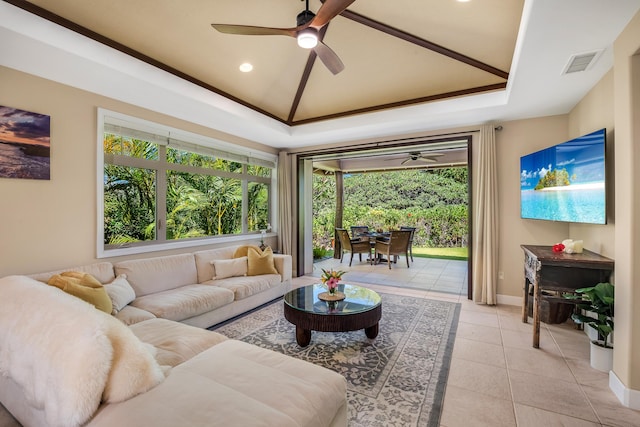 68-1122-N Kaniku Dr Unit 501591, Kamuela, HI 96743 - living room featuring ceiling fan, light tile patterned floors, baseboards, a raised ceiling, and recessed lighting