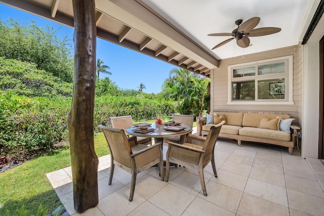 68-1122-N Kaniku Dr Unit 501591, Kamuela, HI 96743 - view of patio / terrace featuring a ceiling fan, an outdoor hangout area, and outdoor dining space