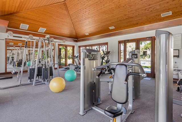 68-1122-N Kaniku Dr Unit 501591, Kamuela, HI 96743 - gym featuring wooden ceiling, french doors, and lofted ceiling