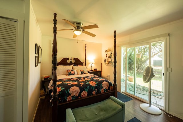 15-1519 14th Ave, Keaau, HI 96749 - bedroom featuring access to outside, wood finished floors, ornamental molding, and ceiling fan
