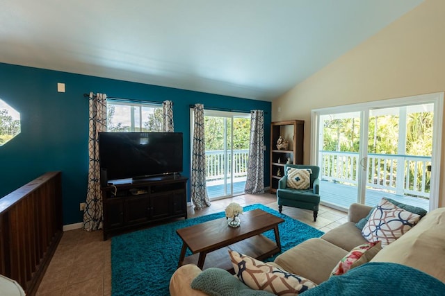 15-1519 14th Ave, Keaau, HI 96749 - living room with tile patterned flooring, vaulted ceiling, and baseboards