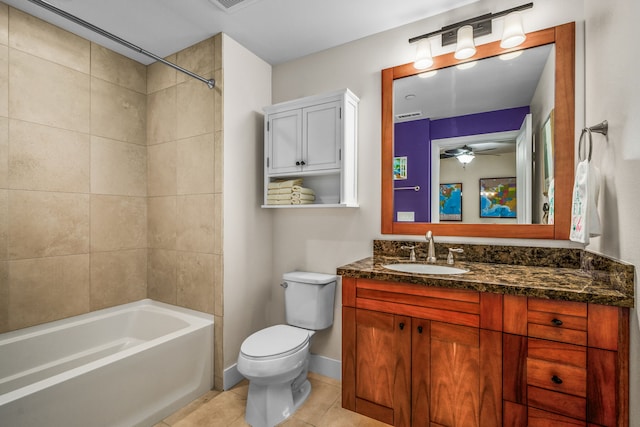 2611 Kiahuna Plantation Dr Unit 13D, Koloa, HI 96756 - bathroom featuring vanity, toilet, tile patterned flooring, ceiling fan, and shower / washtub combination
