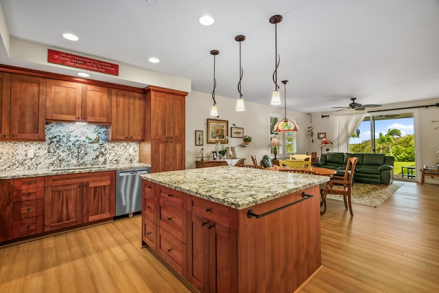 2611 Kiahuna Plantation Dr Unit 13D, Koloa, HI 96756 - kitchen featuring dishwasher, a sink, ceiling fan, light wood-type flooring, and recessed lighting