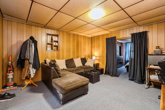 73 Laidlaw Ave, Jersey City, NJ 07306 - living room with carpet flooring, wooden walls, and a drop ceiling