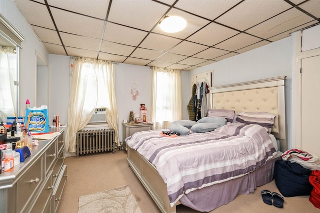 73 Laidlaw Ave, Jersey City, NJ 07306 - bedroom with radiator heating unit, light colored carpet, and a drop ceiling