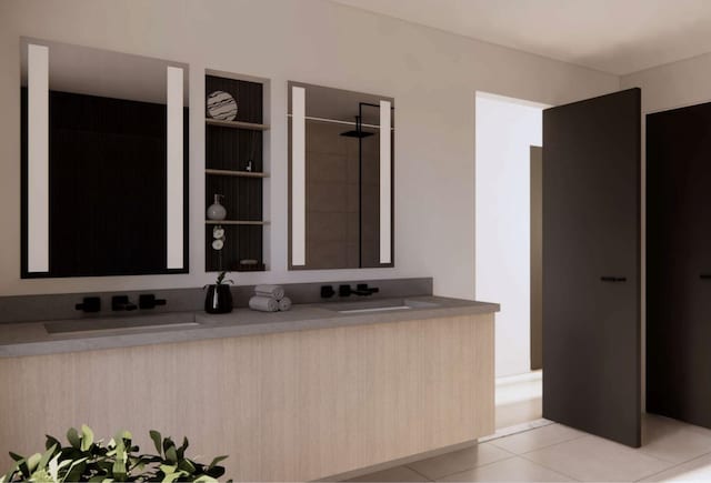 58 King Ave, Weehawken, NJ 07086 - bathroom featuring double vanity, tile patterned floors, and a tile shower