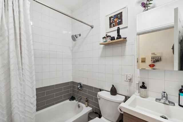 60 Monroe St Unit 8, Hoboken, NJ 07030 - full bath featuring tile walls, shower / bath combo, toilet, tasteful backsplash, and vanity