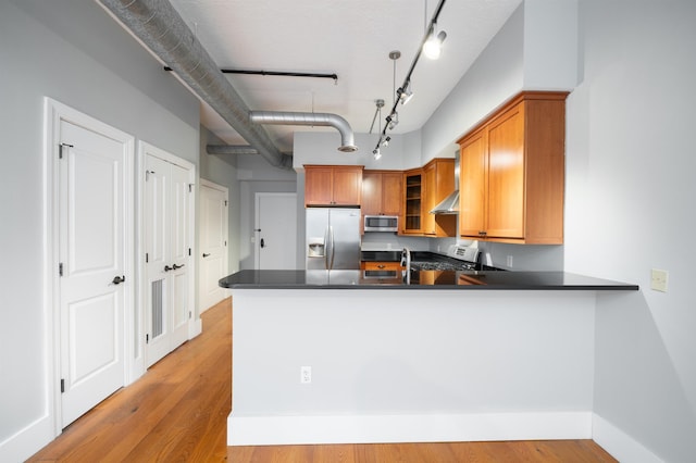 kitchen with kitchen peninsula, light hardwood / wood-style floors, exhaust hood, appliances with stainless steel finishes, and rail lighting