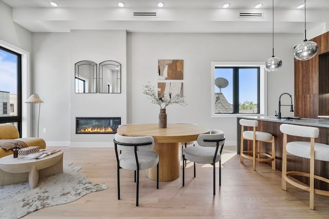371 New York Ave Unit 2, Jersey City, NJ 07307 - dining space featuring healthy amount of natural light, light wood finished floors, a glass covered fireplace, baseboards, and recessed lighting