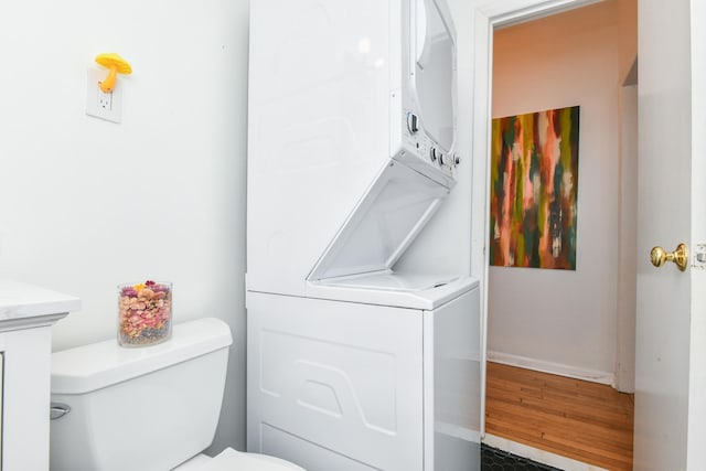 29 51st St Unit B5, Weehawken, NJ 07086 - bathroom with stacked washing machine and dryer and vanity