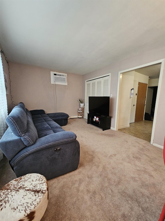 carpeted living room with an AC wall unit