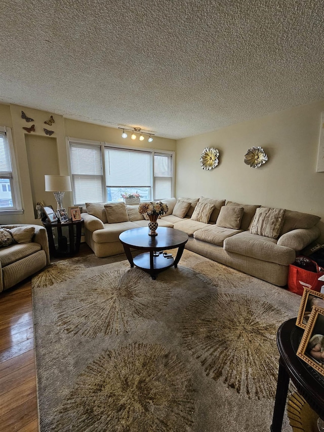 living room featuring a textured ceiling and dark wood-type flooring