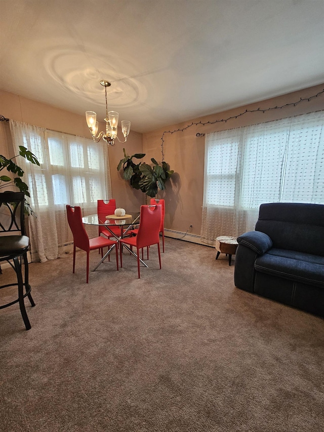 carpeted dining area with a chandelier