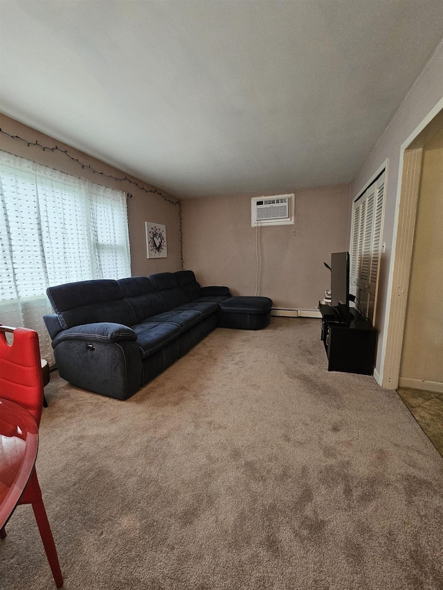 living room featuring a wall unit AC, carpet floors, and a baseboard heating unit