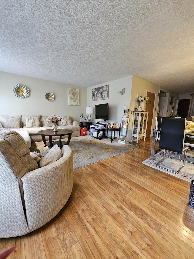 living room featuring hardwood / wood-style floors and a textured ceiling