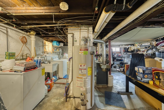 159 W 33rd St, Bayonne, NJ 07002 - below grade area featuring gas water heater, washing machine and dryer, and a sink