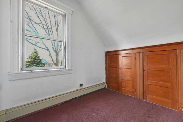 additional living space featuring a baseboard heating unit, vaulted ceiling, and carpet flooring