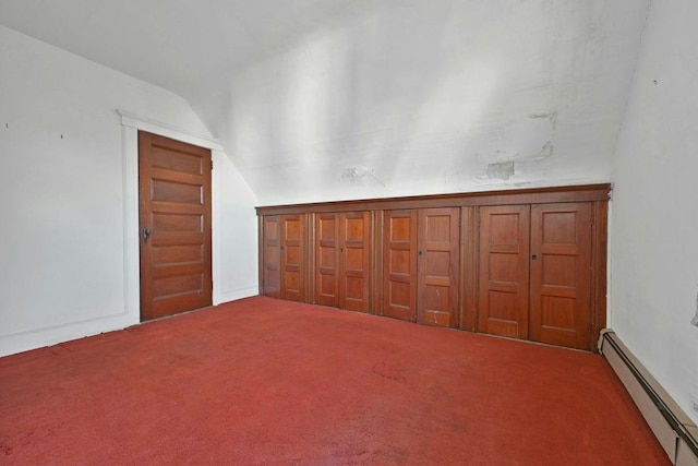 bonus room with vaulted ceiling, carpet flooring, and a baseboard radiator