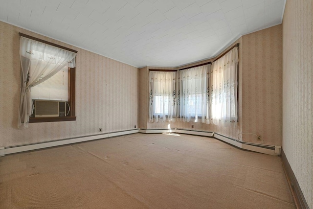 carpeted empty room with wallpapered walls