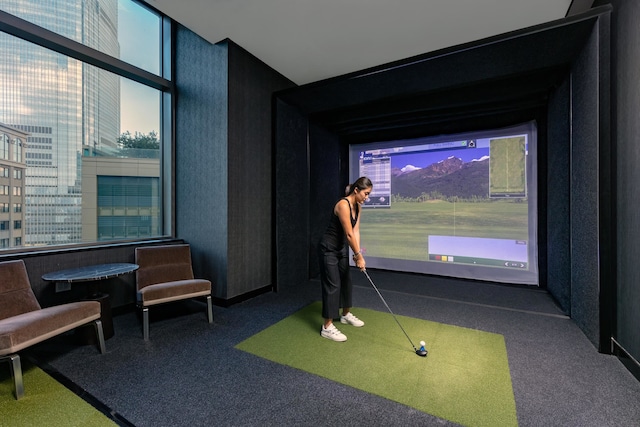 playroom with golf simulator and carpet