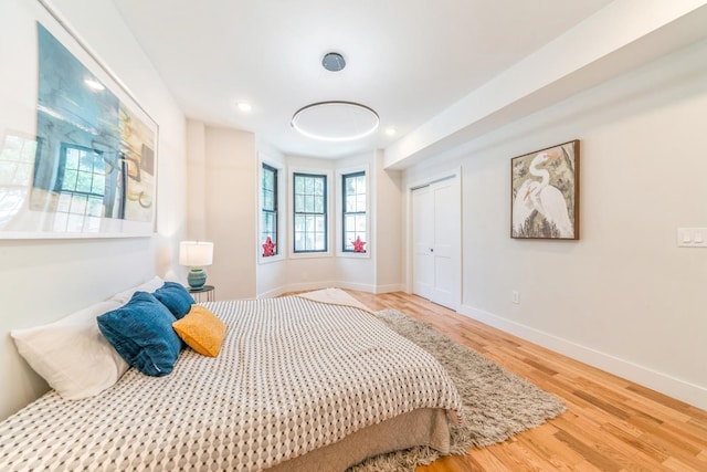 bedroom with hardwood / wood-style flooring and a closet