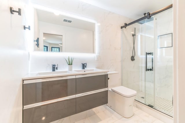 bathroom with vanity, toilet, tile walls, and walk in shower