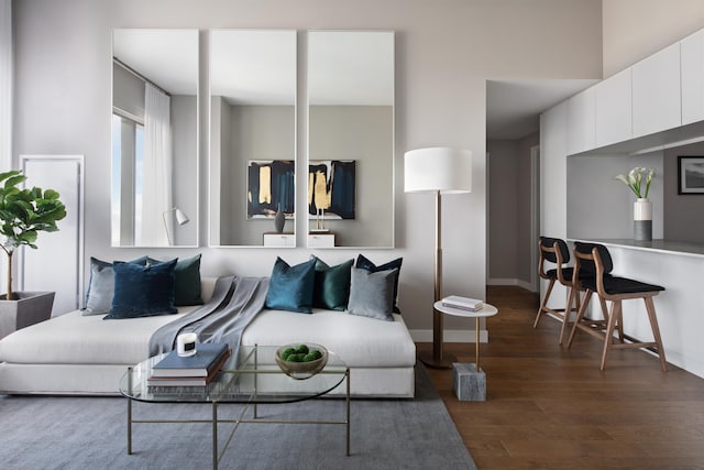 living room with dark hardwood / wood-style flooring