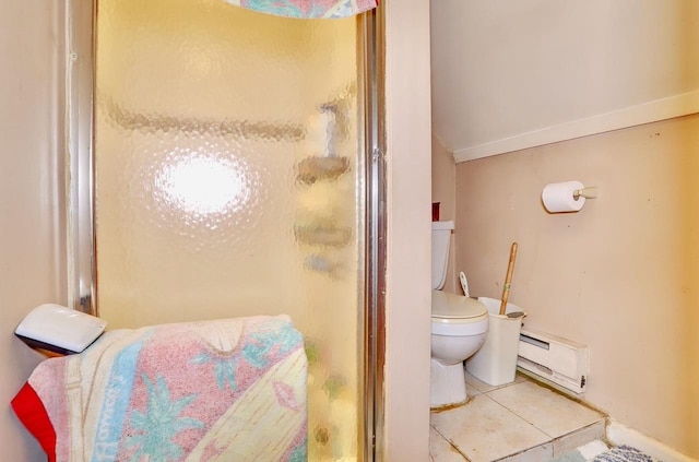 bathroom featuring toilet, tile patterned floors, a baseboard radiator, and a stall shower