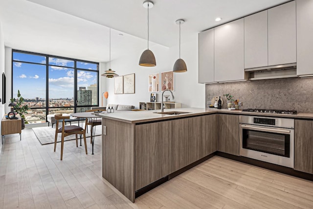 kitchen with stainless steel appliances, sink, pendant lighting, and light wood-type flooring