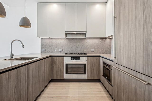 kitchen with light hardwood / wood-style floors, sink, pendant lighting, appliances with stainless steel finishes, and white cabinetry